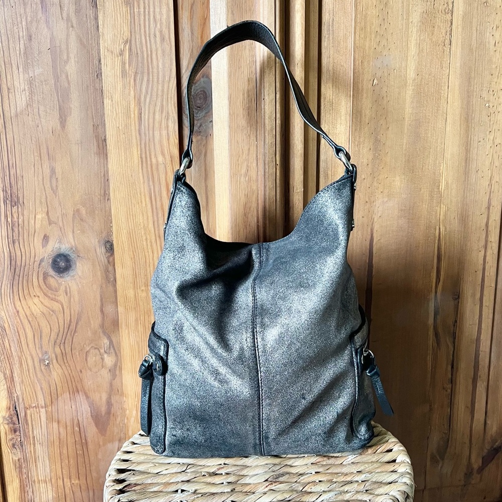 Tano Black Metallic Distressed Leather Hobo Bucket Bag Purse